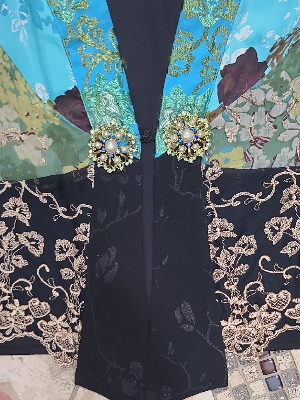 Embellished Floral Patchwork Camisole Jacket - Turquoise - Picture 3 of 6